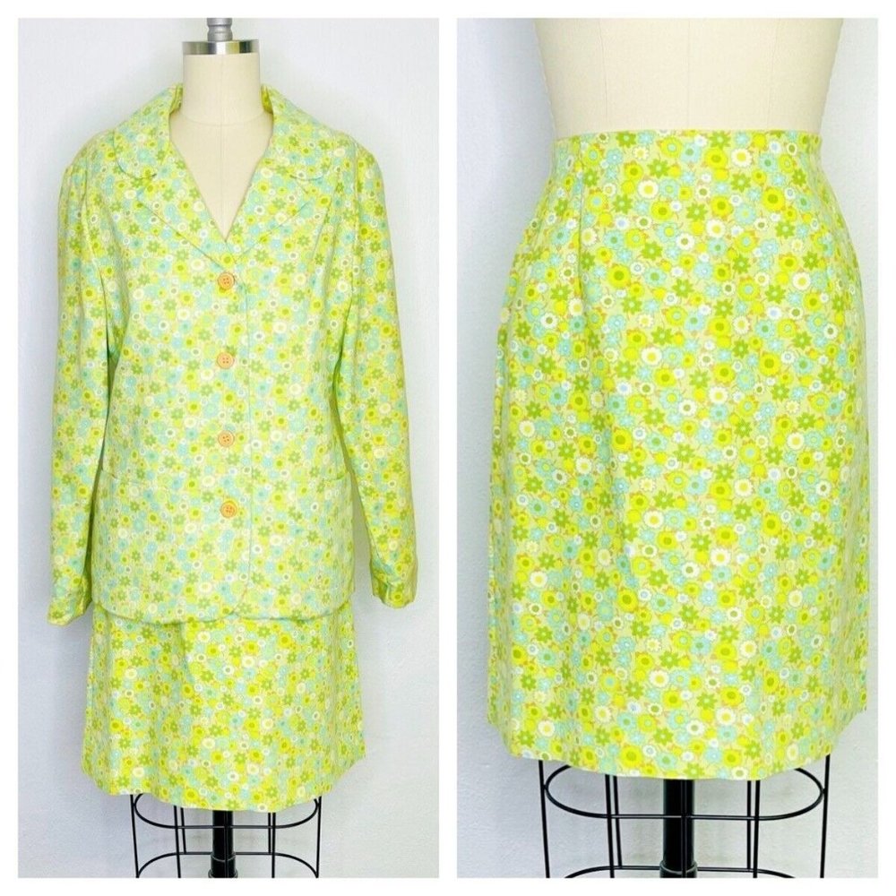 Vintage 70s Green White Stag Flower Power MOD Mini Skirt Set Size M Medium